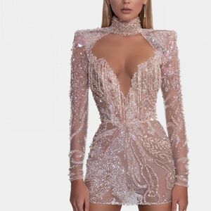 Albina Dyla Beaded Crystal Mini Dress, size XS